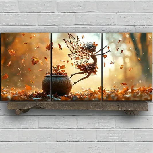 3pcs Brown Leaf Girl Dancing in the Forest Metal Print Ready to Hang Art