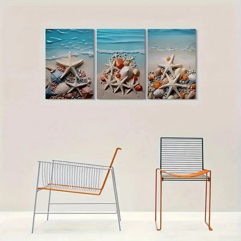3pcs Beach Theme Starfish and Shell Metal Print Ready to Hang Art