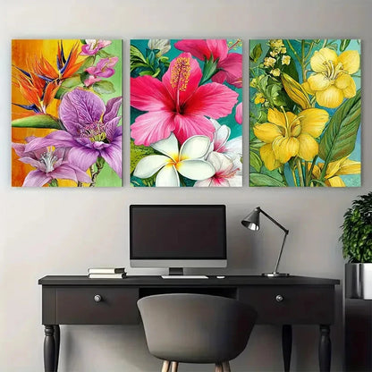 3pcs Colorful Florals with Leaves Illustration Wall Art Set Canvas Framed 50x70cm - High Quality Print 100% Australian Made Wall Canvas Ready to Hang