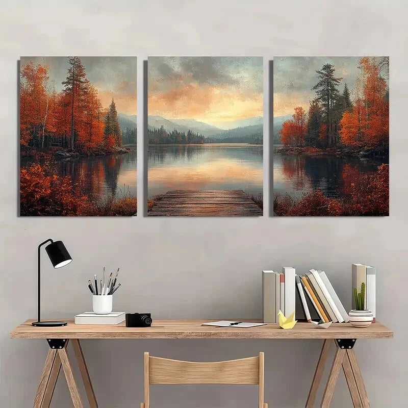 3pcs Autumn Lake Rustic Nature Scene Metal Print Ready to Hang Art