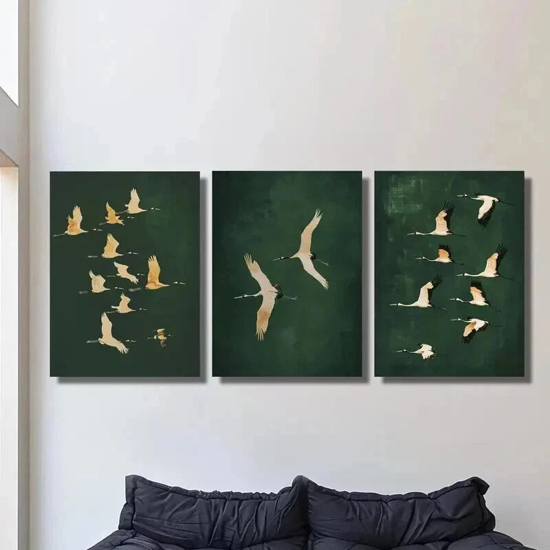 3pcs Cranes in Emerald Green Backdrop Wall Art Set Canvas Framed 40x60cm - High Quality Print 100% Australian Made Wall Canvas Ready to Hang