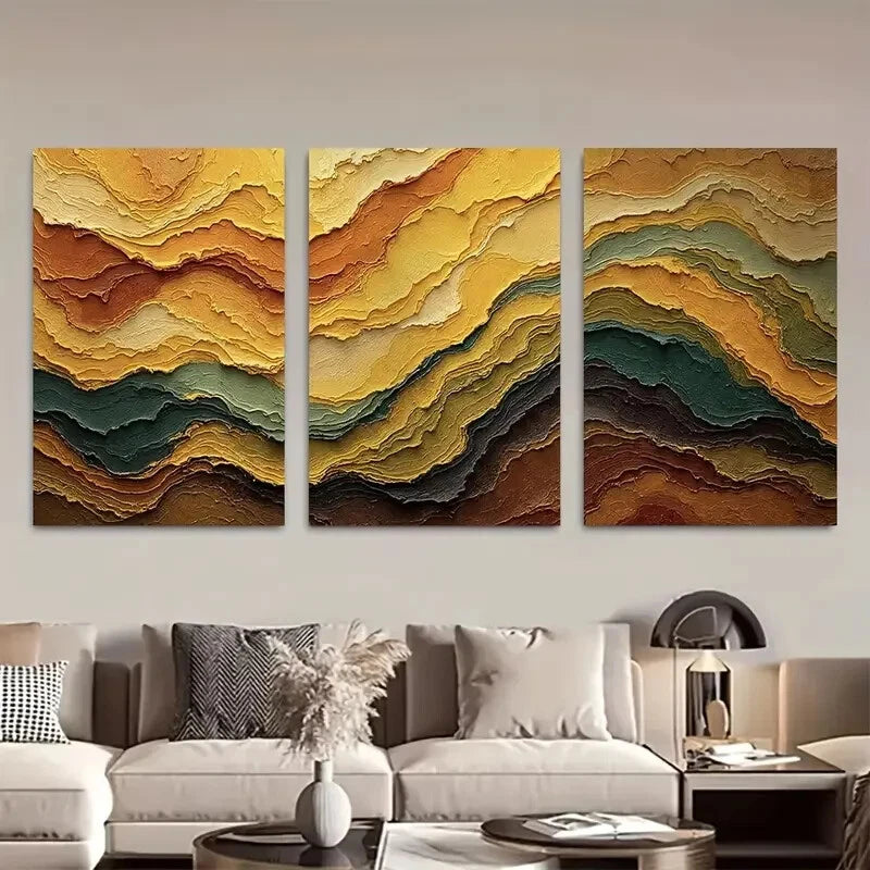 3pcs Abstract Golden Yellow & Moss Green Metal Print Ready to Hang Art