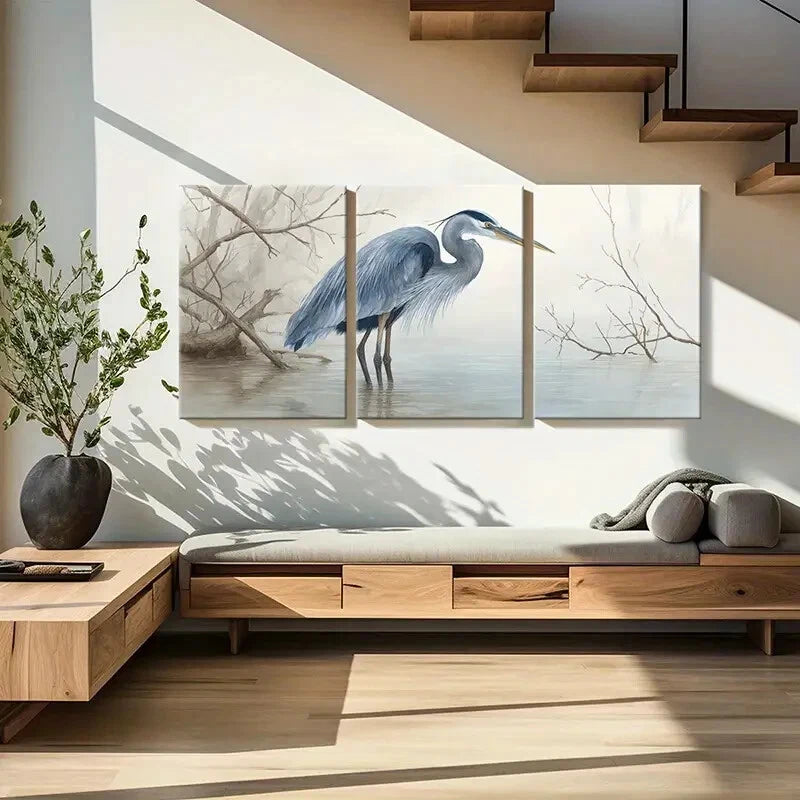 3pcs Blue Heron Water Reflection Serene Landscape Metal Print Ready to Hang Art