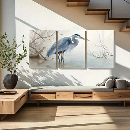 3pcs Blue Heron Water Reflection Serene Landscape Metal Print Ready to Hang Art