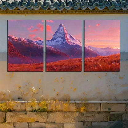 3pcs Vibrant Snowy Mountain Peak Illustration Metal Print Ready to Hang Art