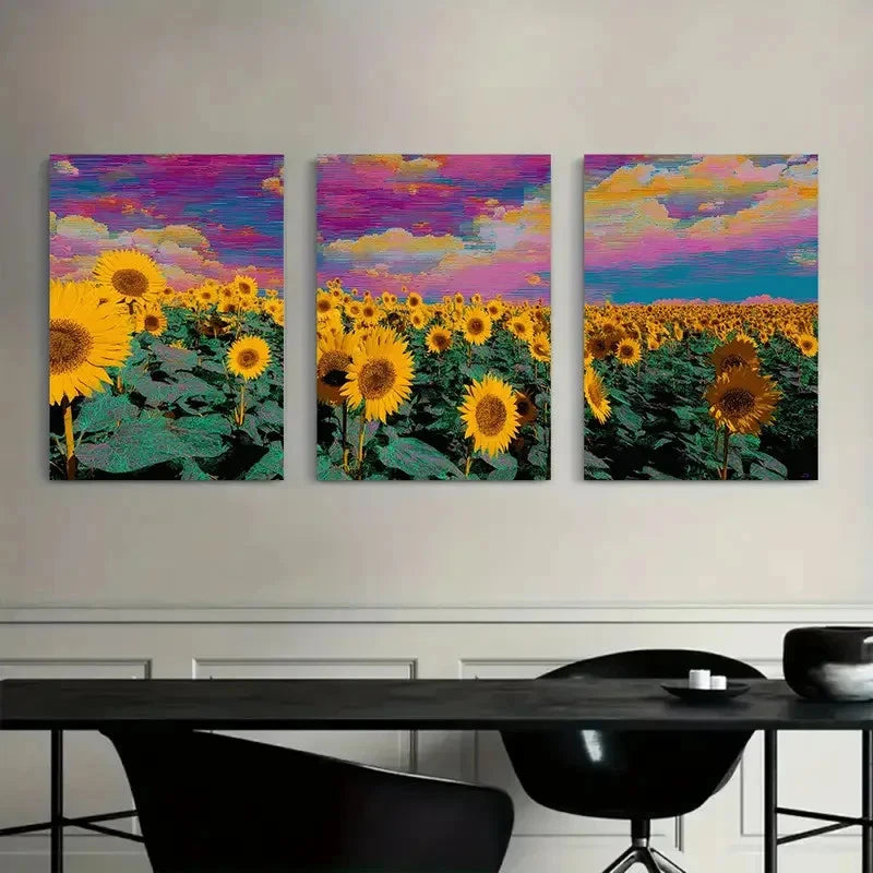 Three-panel artwork of sunflower fields with a colorful sky above a modern dining table.