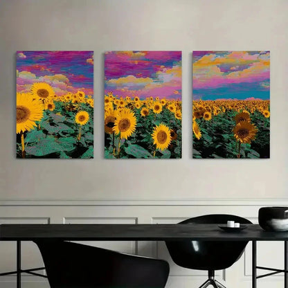 Three-panel artwork of sunflower fields with a colorful sky above a modern dining table.