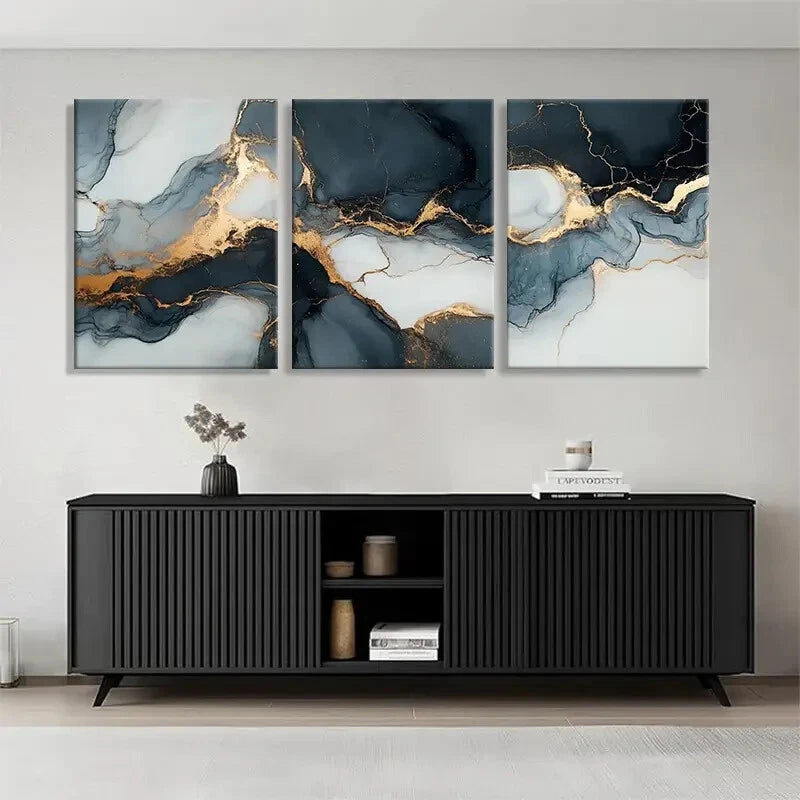 3pcs Elegant Marble Dark Blue and Golden Perfect Wall Art Set Canvas Framed 40x60cm - High Quality Print 100% Australian Made Wall Canvas Ready to Hang