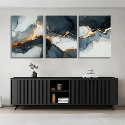 3pcs Elegant Marble Dark Blue and Golden Perfect Wall Art Set Canvas Framed 40x60cm - High Quality Print 100% Australian Made Wall Canvas Ready to Hang