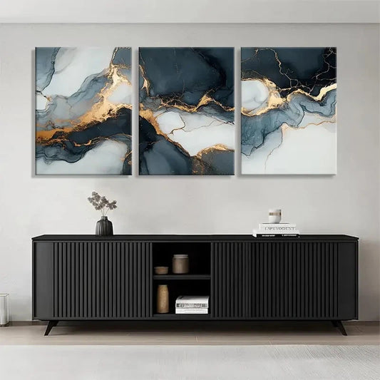 3pcs Elegant Marble Dark Blue and Golden Perfect Wall Art Set Canvas Framed 40x60cm - High Quality Print 100% Australian Made Wall Canvas Ready to Hang