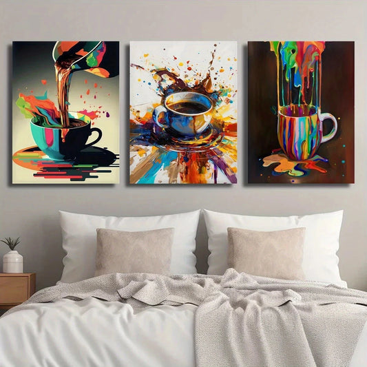 3pcs Vibrant Coffee Splatter Colorful Design Metal Print Ready to Hang Art