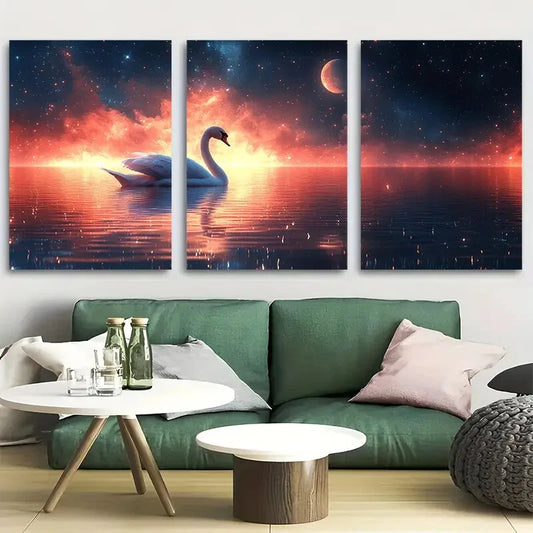 3pcs Swan on the Lake Magical Starry Night Metal Print Ready to Hang Art
