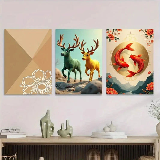 3pcs Chic Traditional Deer & Koi Fish Nature Metal Print Ready to Hang Art