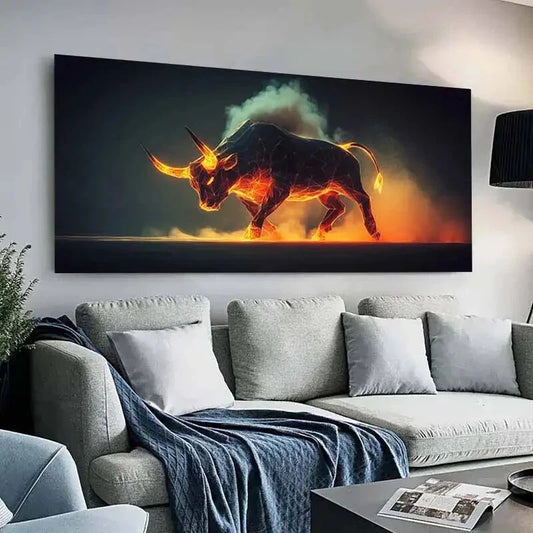Spain Fire Bull with Flame wall canvas office home room framed 120x60cm - Bella Home Decor