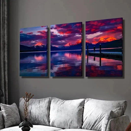 3pcs Lake and Snow Capped Mountains at Sunset Wall Art Set Canvas Framed 40x60cm - High Quality Print 100% Australian Made Wall Canvas Ready to Hang