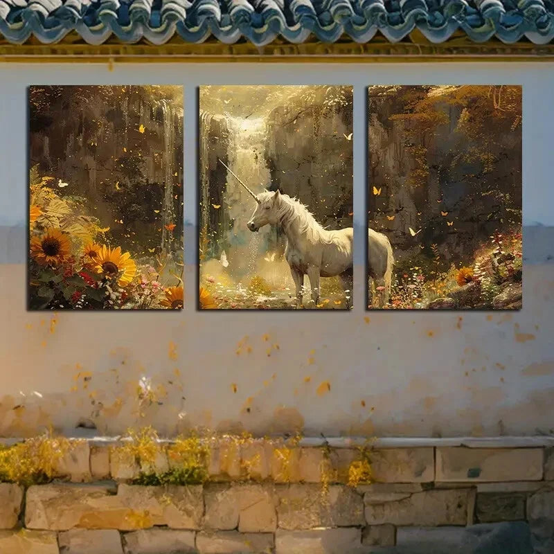 3pcs Unicorn and Waterfall with Sunflowers Design Metal Print Ready to Hang Art
