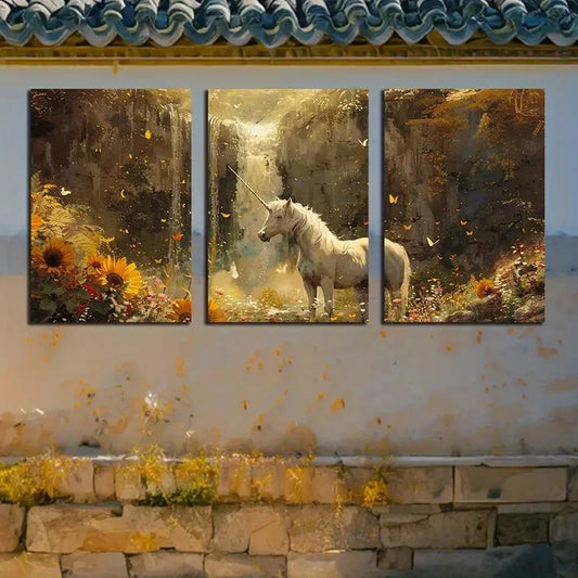 3pcs Unicorn and Waterfall with Sunflowers Design Metal Print Ready to Hang Art