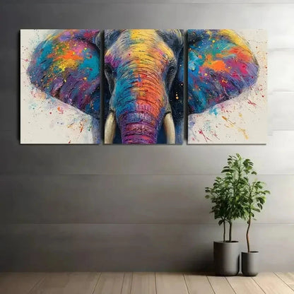 3pcs Colorful Splash Elephant Face Wall Art Metal Print Ready to Hang Art