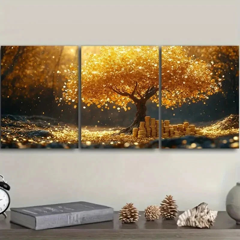3pcs A Tree Made Of Golden Coins Metal Print Ready to Hang Art