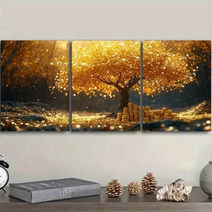 3pcs A Tree Made Of Golden Coins Metal Print Ready to Hang Art