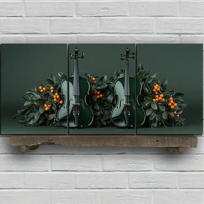 3pcs Chic Cello Trio Music Instruments Green Metal Print Ready to Hang Art