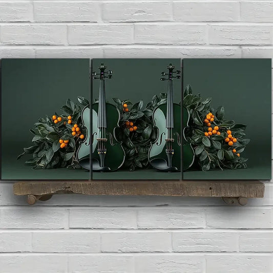 3pcs Chic Cello Trio Music Instruments Green Metal Print Ready to Hang Art