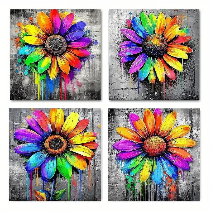 4pcs Vibrant Daisy Flower Graffiti Art Wall Art Canvas Framed