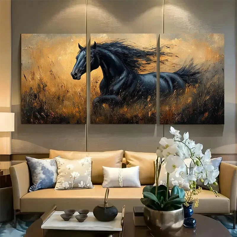 3pcs Stunning Black Horse Metal Print Ready to Hang Art