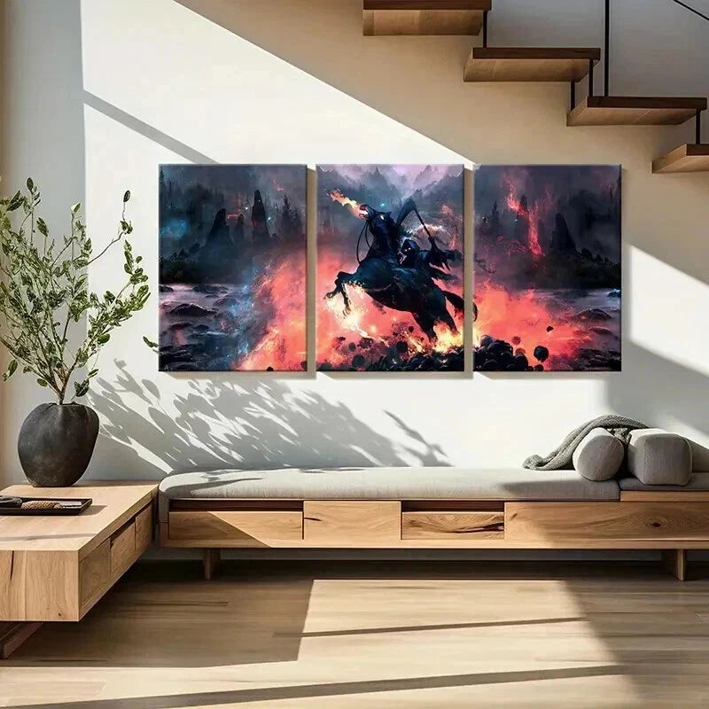 3pcs Grim Reaper on Black Horses Vintage Wall Art Set Canvas Framed 40x60cm - High Quality Print 100% Australian Made Wall Canvas Ready to Hang