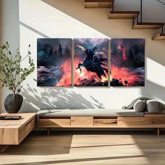 3pcs Grim Reaper on Black Horses Vintage Wall Art Set Canvas Framed 40x60cm - High Quality Print 100% Australian Made Wall Canvas Ready to Hang