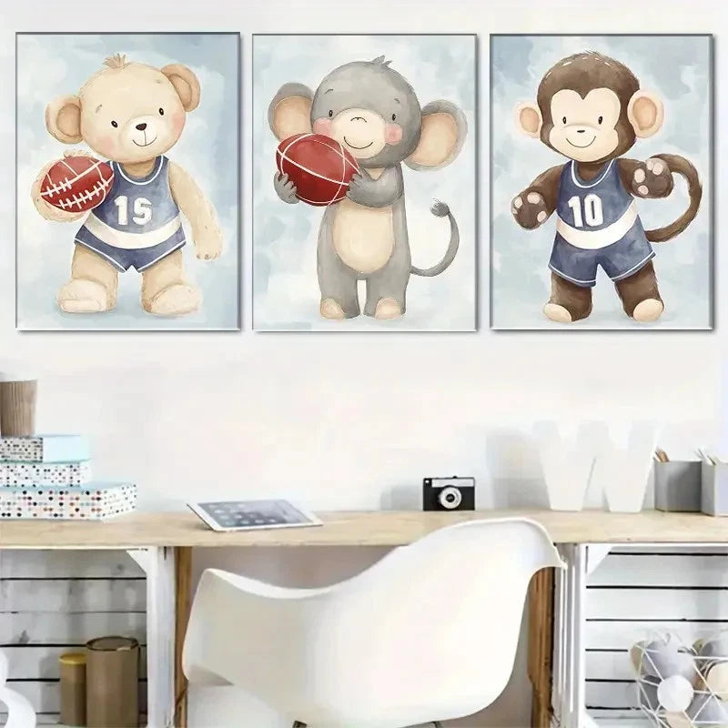 3pcs Cute Animal Basketball Gear & Sports Theme Metal Print Ready to Hang Art