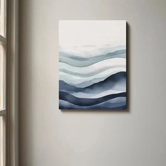 Abstract wall art with wavy patterns in blue and gray on a light gray wall.