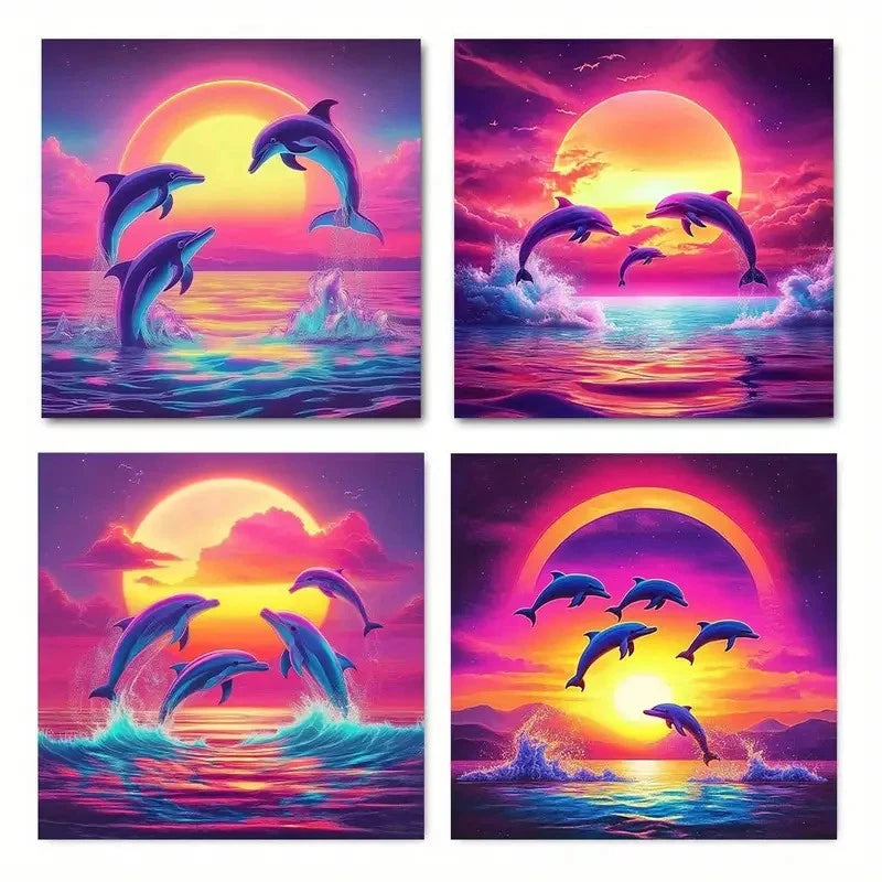 4pcs Colorful Ocean Scene with Dolphins Leaping Wall Art Canvas Framed