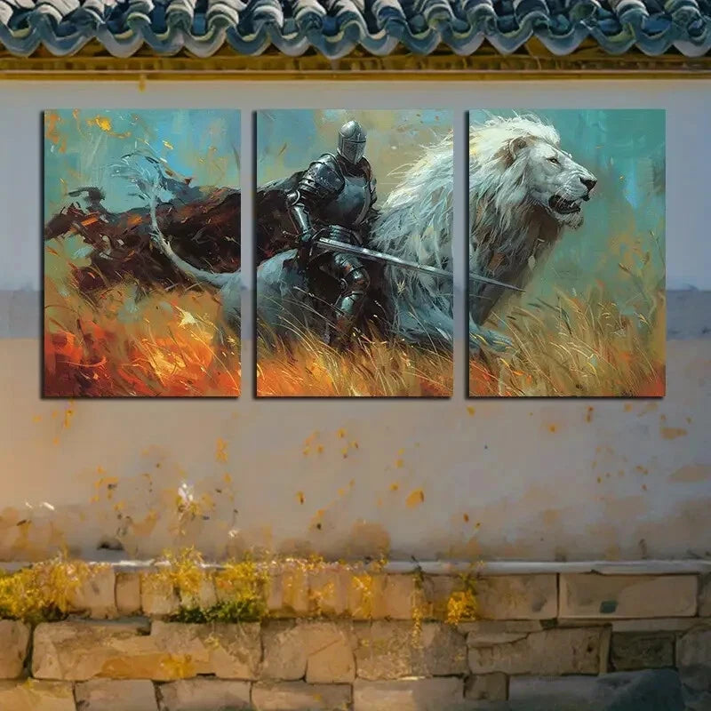 3pcs Knight and Lion Illustration Metal Print Ready to Hang Art