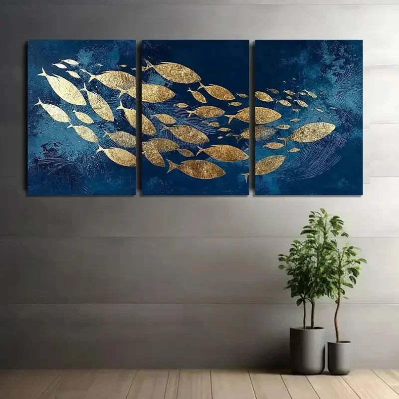 3pcs School of Fish in Navy Blue with Golden Foil Metal Print Ready to Hang Art
