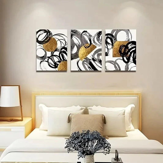 3pcs Modern Abstract Golden Black and White Metal Print Ready to Hang Art
