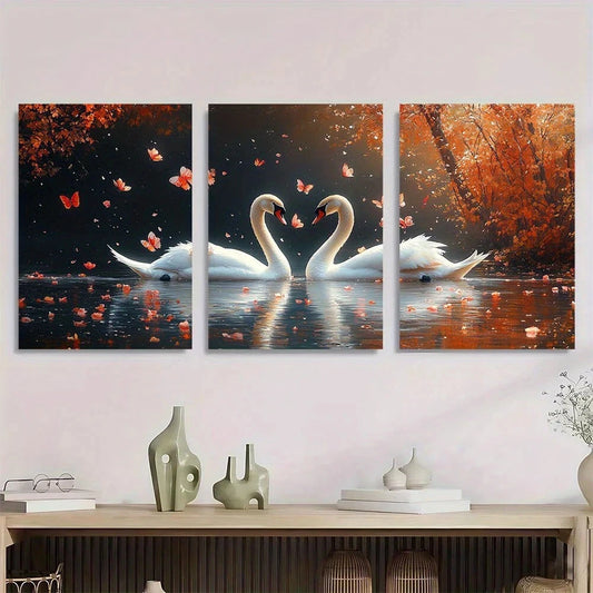 3pcs White Swans Autumnal Forest Scene Metal Print Ready to Hang Art