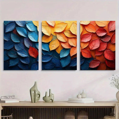 3pcs Abstract Autumn Leaves Vibrant Red Orange Metal Print Ready to Hang Art