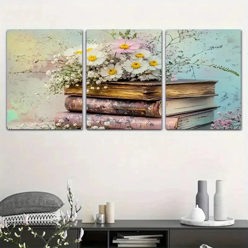 3pcs Book And Floral Interwoven Metal Print Ready to Hang Art