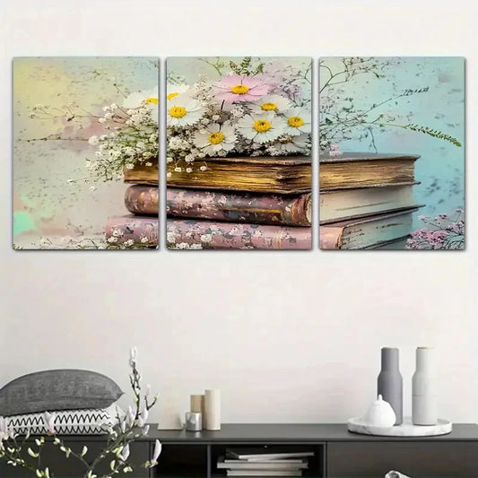 3pcs Book And Floral Interwoven Metal Print Ready to Hang Art