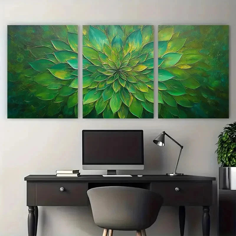 3pcs Sunburst Flower Textured Green Inspired Metal Print Ready to Hang Art