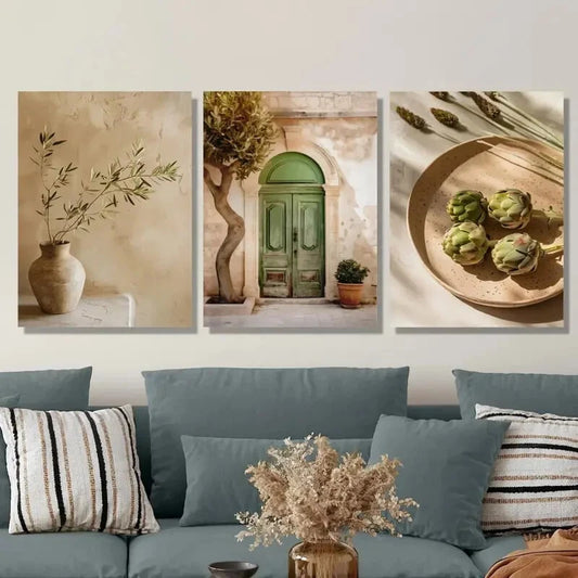 3pcs Rustic Italian Vintage Olive Tree & Vase Metal Print Ready to Hang Art