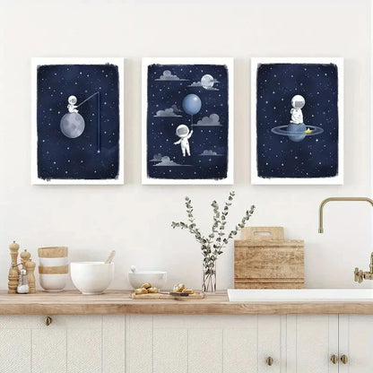 3pcs Astronaut Space Art Blue Moon & Stars Metal Print Ready to Hang Art