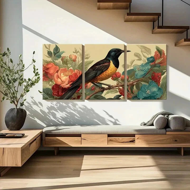 3pcs Artistic Bird Floral Surroundings Elegant Metal Print Ready to Hang Art