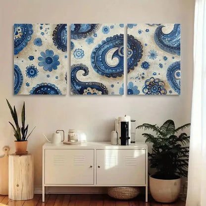 3pcs Blue & White Floral & Geometric Patterns Wall Art Set Canvas Unframed - High Quality Print 100% Australian Made Wall Canvas