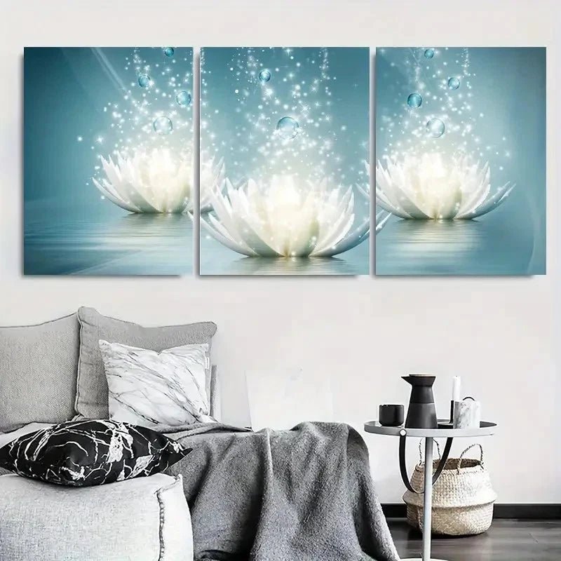 3pcs Tranquil Floral Sparkle Illustration Wall Art Set Canvas Framed 40x60cm - High Quality Print 100% Australian Made Wall Canvas Ready to Hang