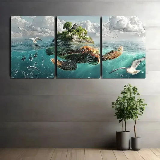 3pcs Abstract Turtle in the Ocean Metal Print Ready to Hang Art