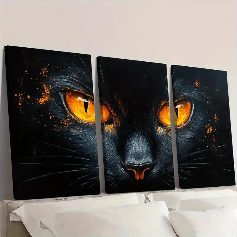 3pcs Whimsical Black Cat Orange Eyes S Wall Art Set Canvas Framed 50x70cm - High Quality Print 100% Australian Made Wall Canvas Ready to Hang