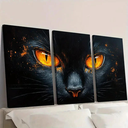 3pcs Whimsical Black Cat Orange Eyes S Wall Art Set Canvas Framed 50x70cm - High Quality Print 100% Australian Made Wall Canvas Ready to Hang