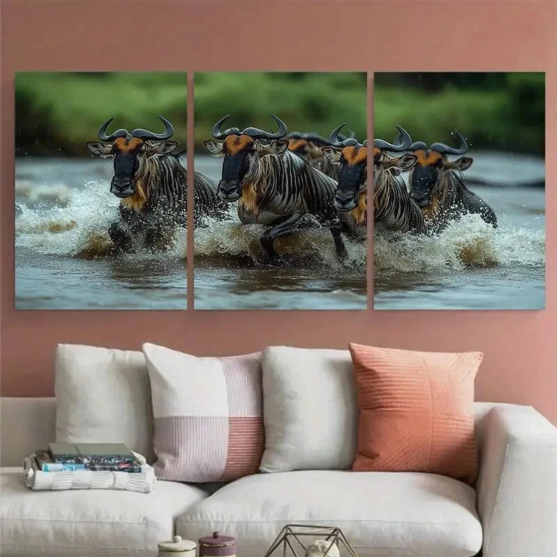 3pcs Wildebeest Migration Mara River Crossing Metal Print Ready to Hang Art